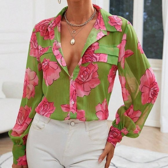 MODA ME COUTURE Tops - Floral Print Lantern Sleeve Shirt